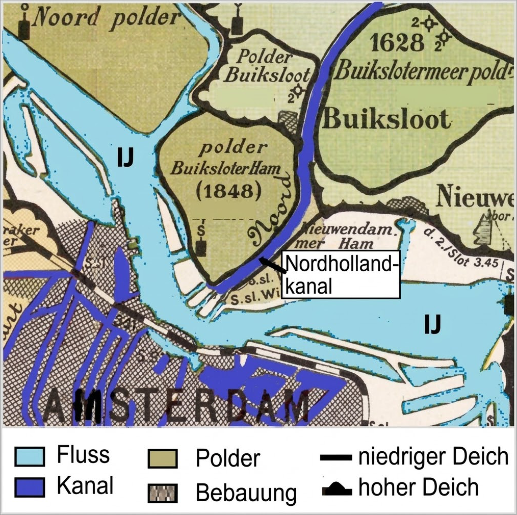 Historische Karte von Amsterdam und dem IJ mit Nordhollandkanal, Poldern, Kanälen und Legende.